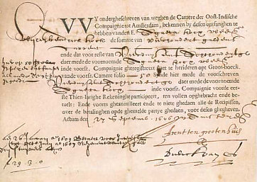 Afbeelding: Het oudste aandeel ter wereld uitgegeven door de VOC in 1606, getekend Arent ten grootenhuis en Dirck van Os